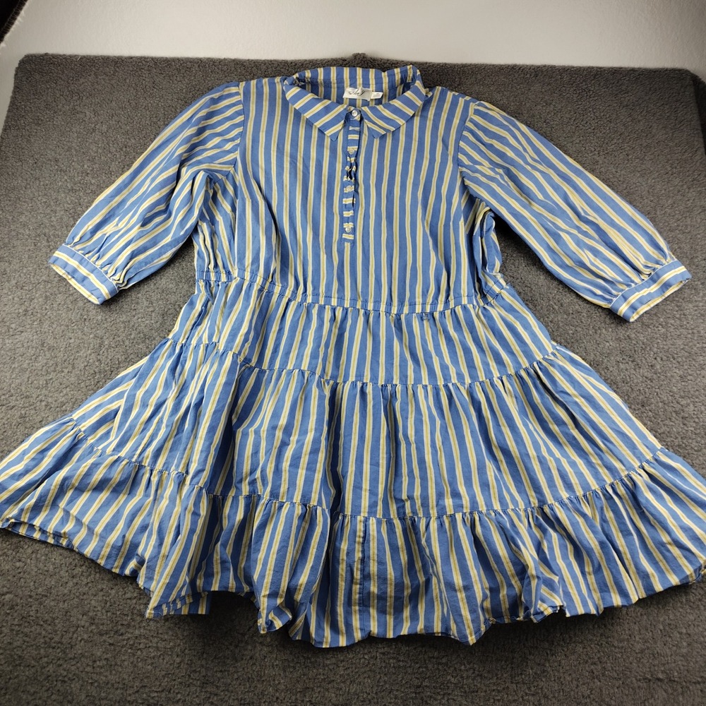 Eliza J Blue Yellow Striped Tiered Shirt Dress Plus Size 20W 3/4 Sleeve Mini